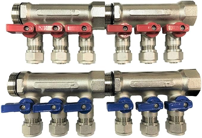 2 - 12 Loops Ball Valve Brass Pex Manifold 1" trunk for 1/2" Pex Tubing w/brackets