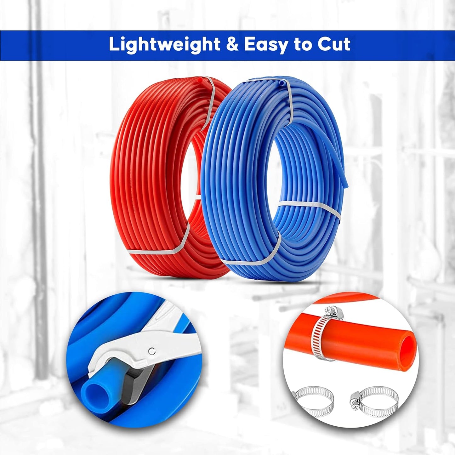 PEX B Tubing -2 Rolls of PEX Tubing - 1/2" X 50 ft - 100 ft Blue and Red Pipe - Non-Barrier Radiant Heating Plumbing - For Cold and Hot Water (Type B)