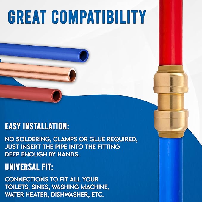 1/2" x 1/2" - 3/4" x 3/4" Pushfit Straight Coupling, PEX Brass Push-fit Coupling, Straight Coupling Push-Fit Fitting to Connect Pex, Push-to-Connect Plumbing Fittings for PEX, Copper, CPVC