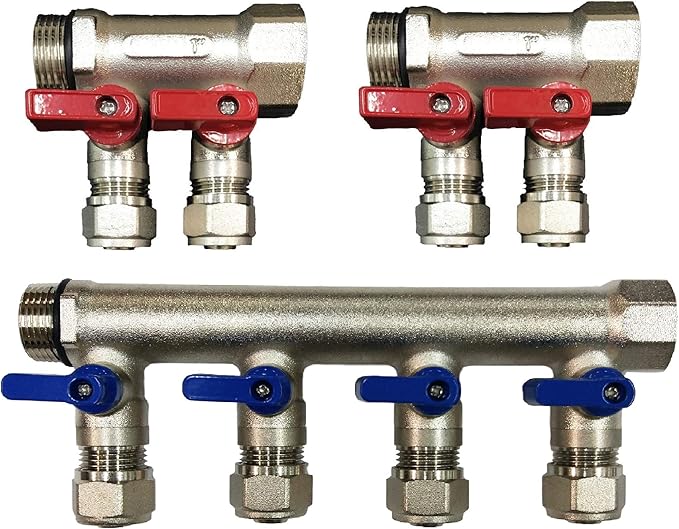 2 - 12 Loops Ball Valve Brass Pex Manifold 1" trunk for 1/2" Pex Tubing w/brackets