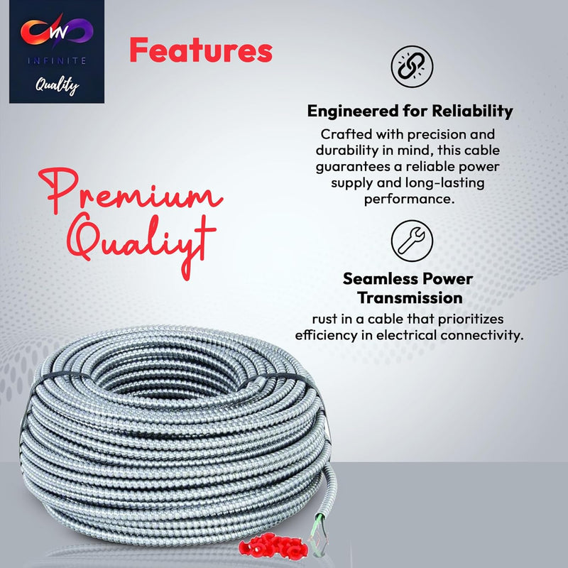 Solid Metal Clad 10/2 Cable with Ground Wire 125 Feet - MC Aluminium Armor - Copper Conductor 125ft Cut