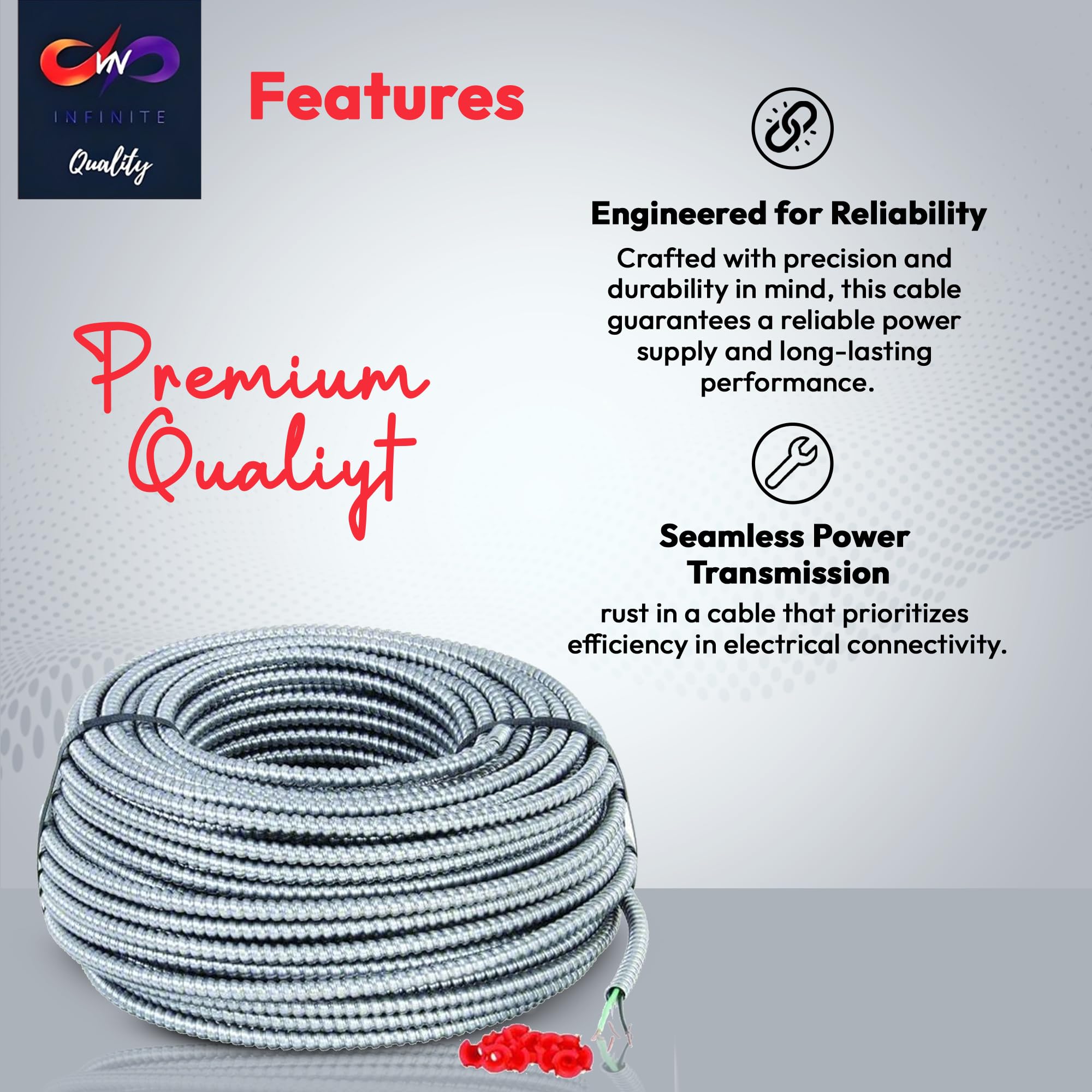 12/2 - 12/3 - Solid Metal Clad Cable with Ground Wire - MC Aluminium Armor and Stranded Copper Conductor