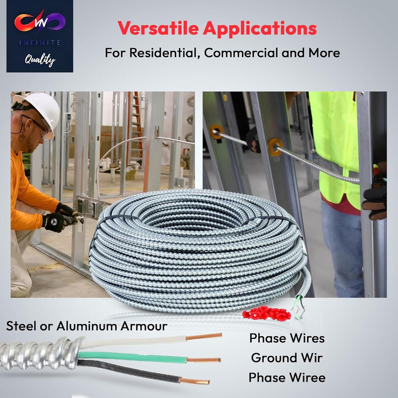 Solid Metal Clad 12/2 Cable with Ground Wire 250 Feet - MC Aluminium Armor - Copper Conductor 250ft Cut