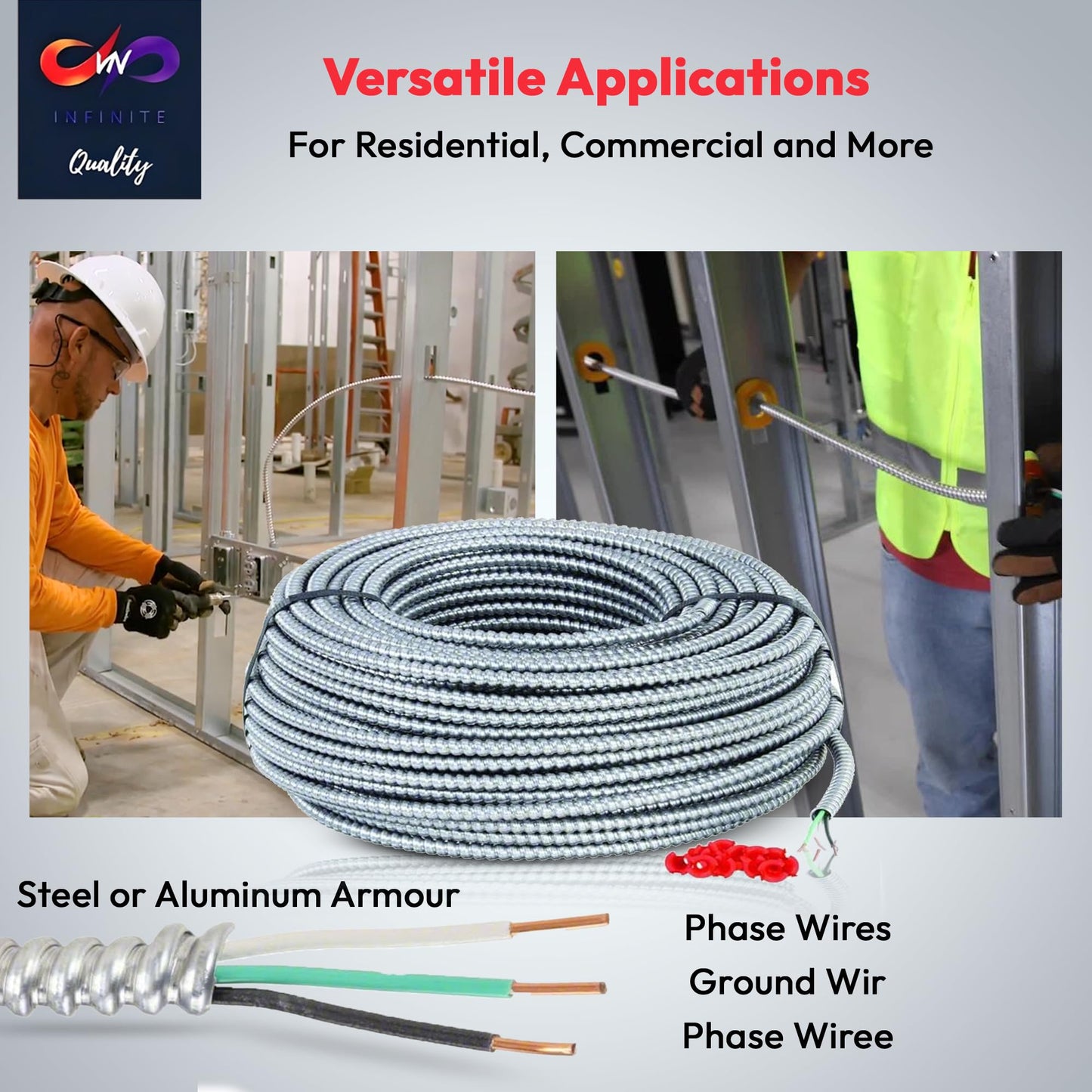 Solid Metal Clad 12/2 Cable with Ground Wire 250 Feet - MC Aluminium Armor and Stranded Copper Conductor (250ft Cut)