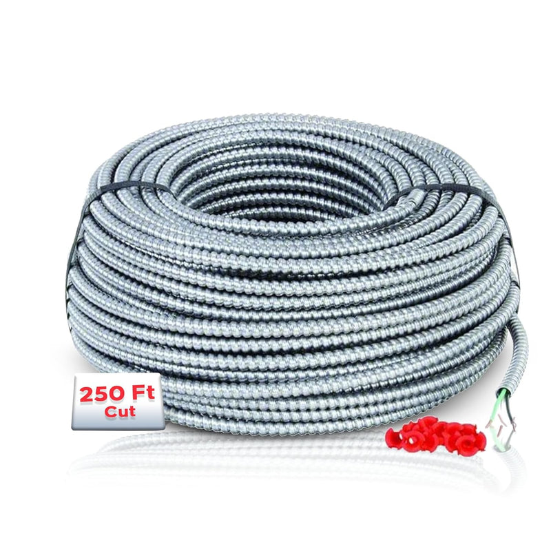 Solid Metal Clad 12/2 Cable with Ground Wire 250 Feet - MC Aluminium Armor - Copper Conductor 250ft Cut
