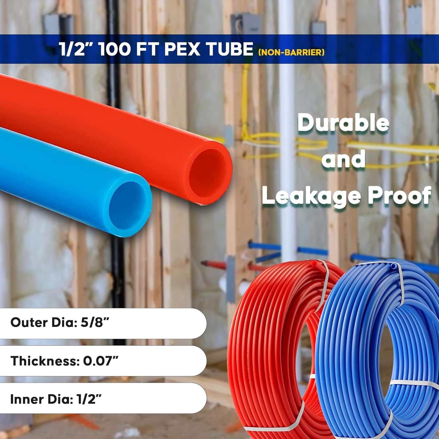 PEX B Tubing -2 Rolls of PEX Tubing - 1/2" X 50 ft - 100 ft Blue and Red Pipe - Non-Barrier Radiant Heating Plumbing - For Cold and Hot Water (Type B)