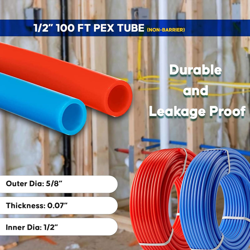 PEX B Tubing -2 Rolls of PEX Tubing - 1/2" X 50 ft - 100 ft Blue and Red Pipe - Non-Barrier Radiant Heating Plumbing - For Cold and Hot Water (Type B)