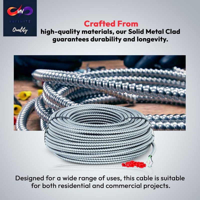 Solid Metal Clad 10/2 Cable with Ground Wire 125 Feet - MC Aluminium Armor - Copper Conductor 125ft Cut