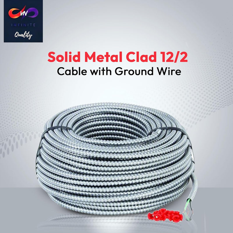 Solid Metal Clad 12/2 Cable with Ground Wire 250 Feet - MC Aluminium Armor - Copper Conductor 250ft Cut