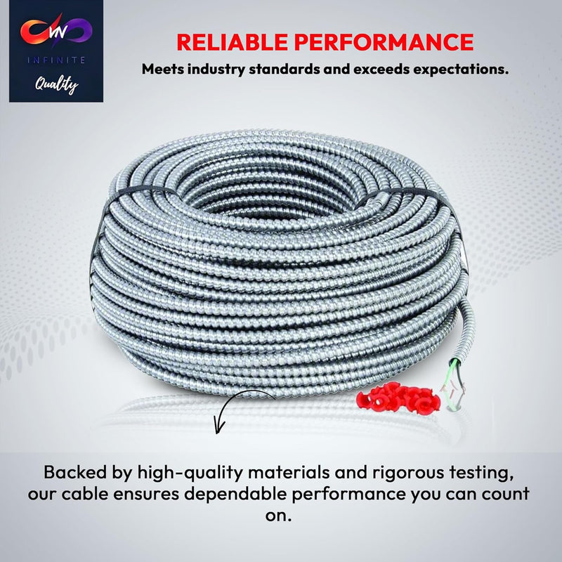 Solid Metal Clad 12/2 Cable with Ground Wire 250 Feet - MC Aluminium Armor - Copper Conductor 250ft Cut