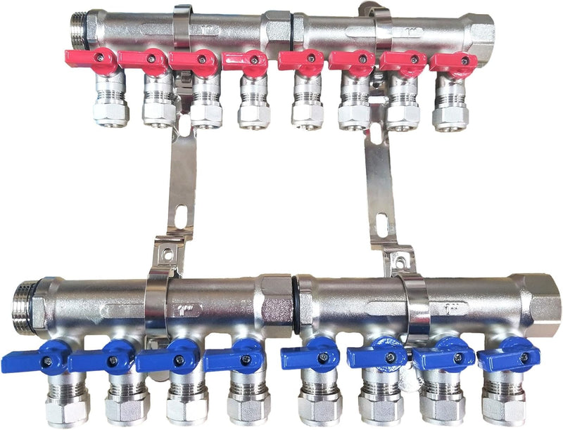 2 - 12 Loops Ball Valve Brass Pex Manifold 1" trunk for 1/2" Pex Tubing w/brackets
