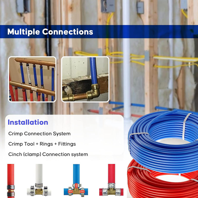 PEX B Tubing -2 Rolls of PEX Tubing - 1/2" X 50 ft - 100 ft Blue and Red Pipe - Non-Barrier Radiant Heating Plumbing - For Cold and Hot Water (Type B)