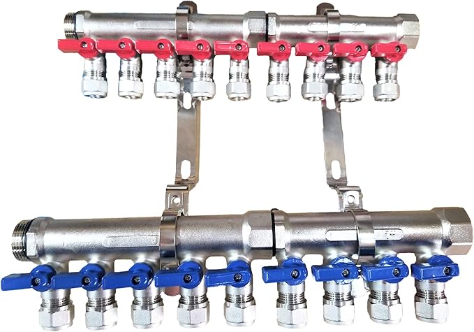 2 - 12 Loops Ball Valve Brass Pex Manifold 1" trunk for 1/2" Pex Tubing w/brackets