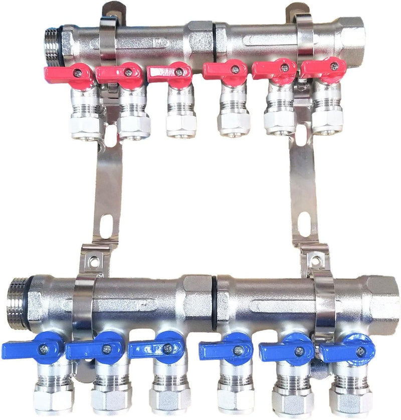 2 - 12 Loops Ball Valve Brass Pex Manifold 1" trunk for 1/2" Pex Tubing w/brackets