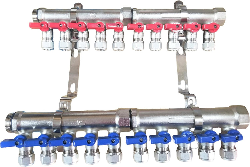 2 - 12 Loops Ball Valve Brass Pex Manifold 1" trunk for 1/2" Pex Tubing w/brackets