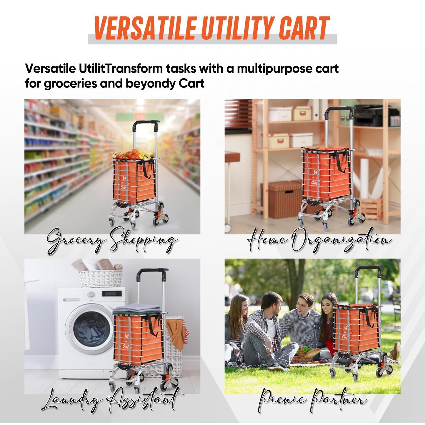 Versatile Utility Shopping Cart with Wheels - Folding Storage Cart for Laundry, Grocery, Picnic and Home Organization by VN Infinite Quality - Premium Orange