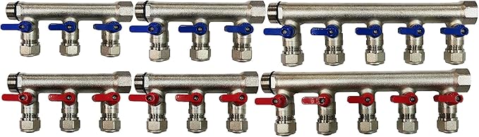 2 - 12 Loops Ball Valve Brass Pex Manifold 1" trunk for 1/2" Pex Tubing w/brackets