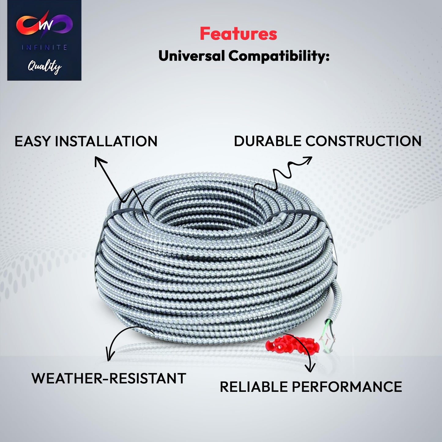 Solid Metal Clad 12/2 Cable with Ground Wire 250 Feet - MC Aluminium Armor and Stranded Copper Conductor (250ft Cut)