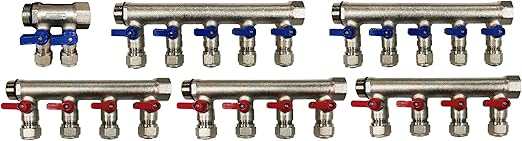 2 - 12 Loops Ball Valve Brass Pex Manifold 1" trunk for 1/2" Pex Tubing w/brackets