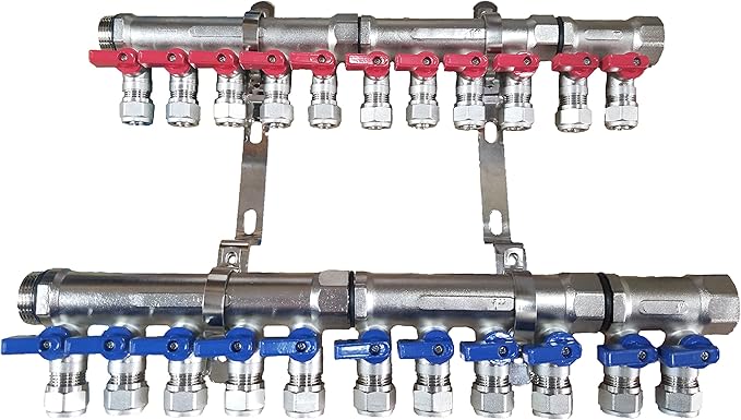 2 - 12 Loops Ball Valve Brass Pex Manifold 1" trunk for 1/2" Pex Tubing w/brackets