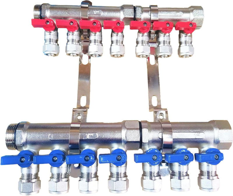 2 - 12 Loops Ball Valve Brass Pex Manifold 1" trunk for 1/2" Pex Tubing w/brackets