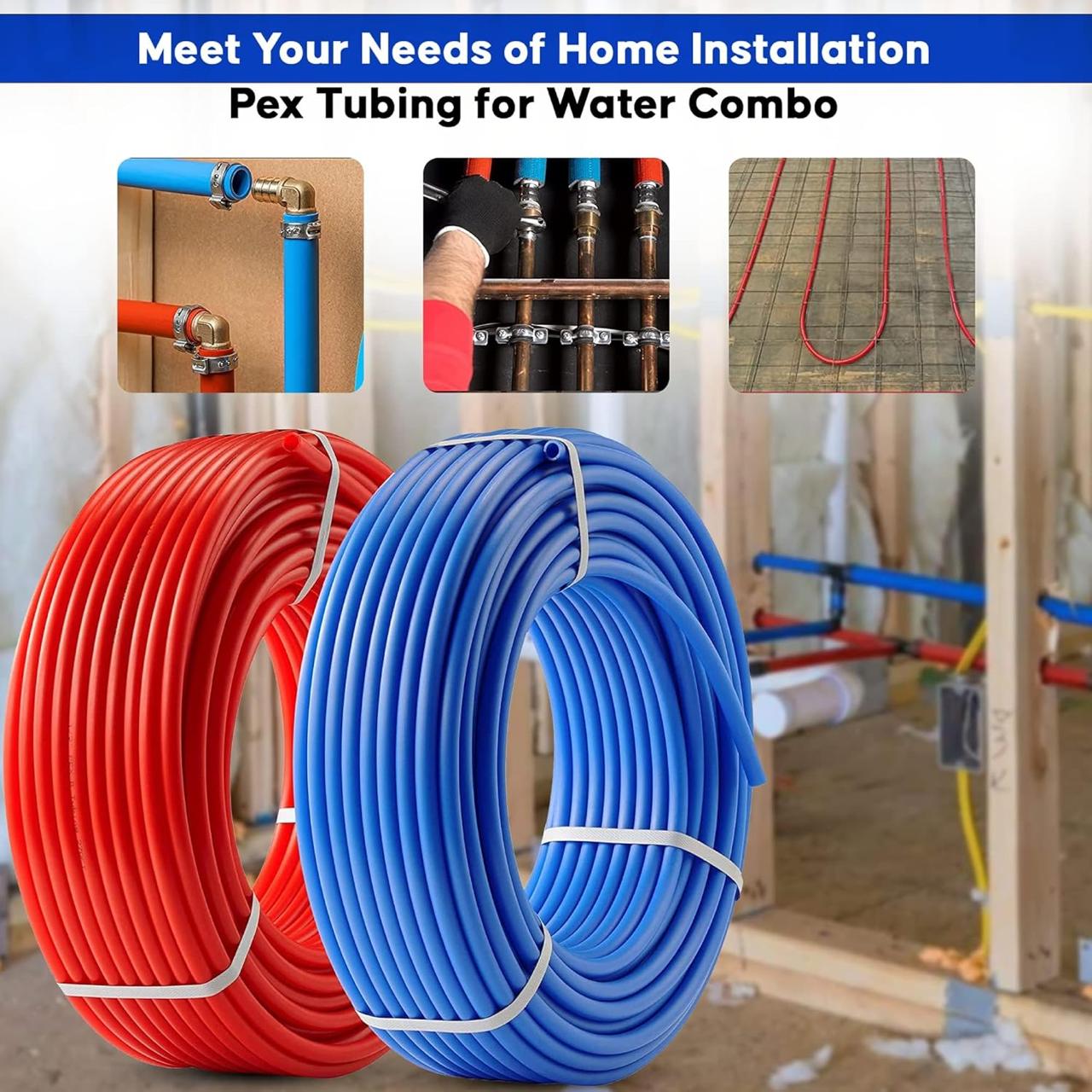 PEX A Tubing -2 Rolls of PEX A Tubing- 1/2" X 50 ft - 100 ft Blue and Red PEX Pipe - Non-Barrier Radiant Heating PEX Plumbing - For Cold and Hot Water Tubing (Type A)